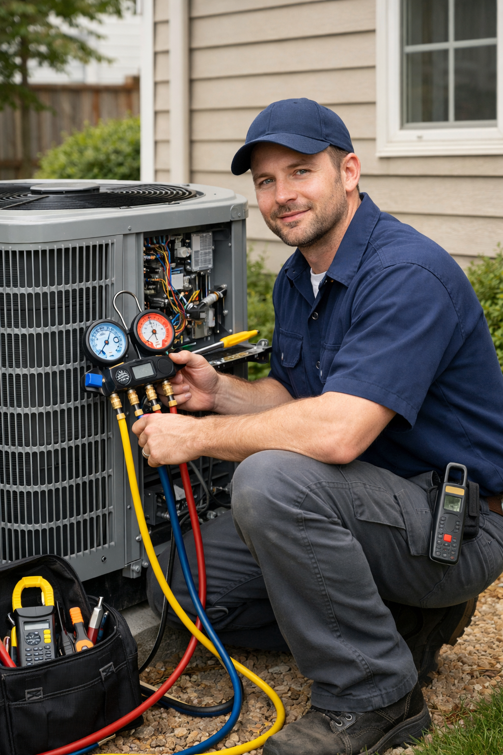 HVAC technician servicing an air conditioner unit